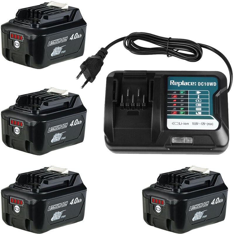 Powerwings - 5 pièces) 4X Batterie 4,0Ah + 1X Chargeur pour Makita 12V 10,8V BL1021B BL1041B BL1020 BL1015 BL1016 Chargeur DC10WD DC10SB DC10WC