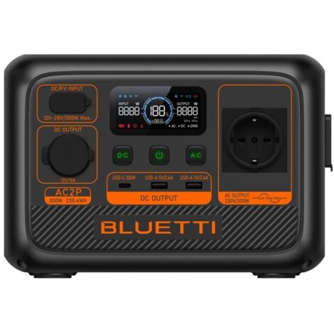 Batterie AC2P 300W – Autonomie 230Wh – Recharge rapide secteur ou solaire – 2x USB-A 5V/3A, 1x USB-C 100W – 3,6 kg – Bluetti