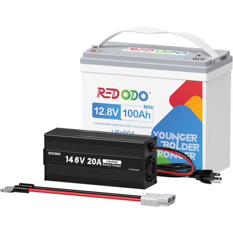 Batterie lithium 12V 100Ah mini LiFePO4 + 14.6V 20A Chargeur de batterie LiFePO4 - Redodo