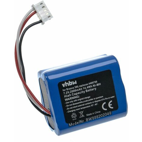 Batterie compatible avec iRobot Braava 2000, 300, 380, 380T, 381, 390, 390T aspirateur, robot électroménager (2000mAh, 7,2V, NiMH)
