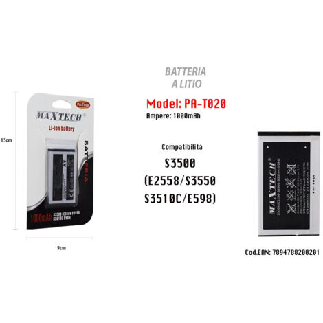 Batterie Compatible Pour Téléphone Portable S3500 Lithium 1000mah Maxtech Pa-t020