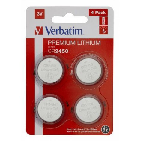 Batterie CR2450 lithium non rechargeable – Lot de 4 – Tension 3V – Pile bouton pour appareils électroniques – Verbatim