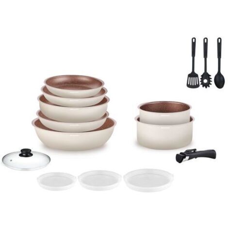 Batterie de cuisine 18 pièces AM1453 – Aluminium antiadhésif – Compatible tous feux, y compris induction – Poignée amovible pour rangement facile – Shop-Story