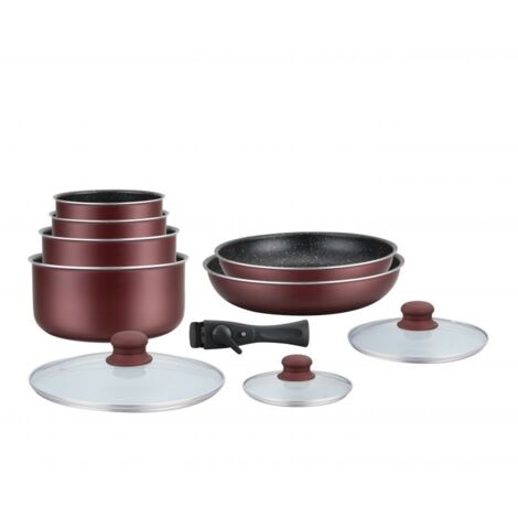 Batterie de cuisine revêtement pierre avec manche amovible 10 pieces Bordeaux Herzberg HA04647-BR