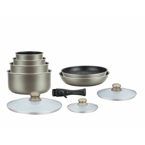 Batterie de cuisine revetement pierre avec manche amovible 10 pieces carbon Herzberg HG5000-CAR