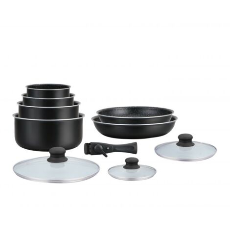 HAGEN Batterie de cuisine revêtement pierre avec manche amovible 10 pieces noir Herzberg HA04630-BLK