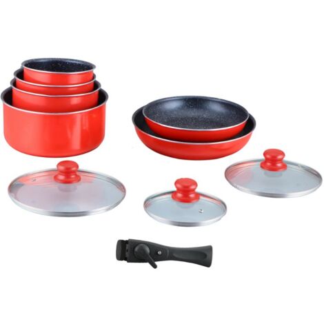 Batterie de cuisine revêtement pierre avec manche amovible 10 pieces rouge Herzberg HA04623-RED
