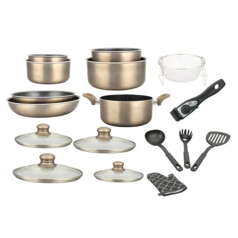 Batterie de cuisine revêtement pierre avec manche amovible 17 pièces carbonne Herzberg HG8055-CAR