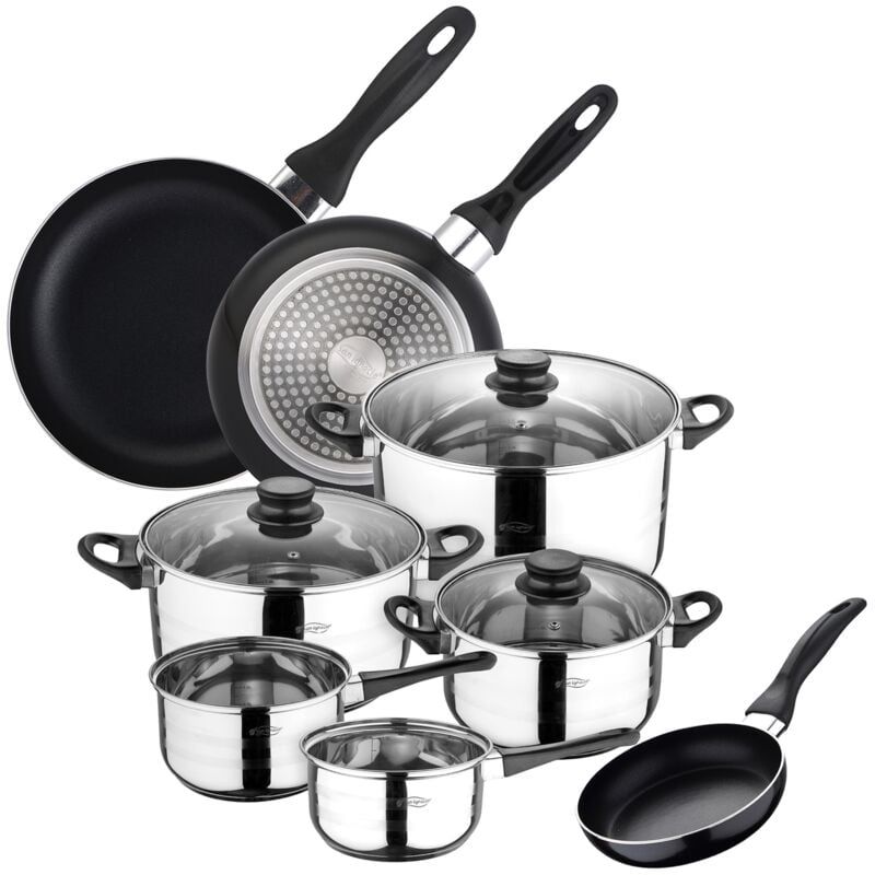 San Ignacio Batterie de Cuisine Sip 8 pièces (2 casseroles + Trois Faitouts avec Couvercle de Verre) avec Set de 3 poêles Ø16/20/24 cms, Induction