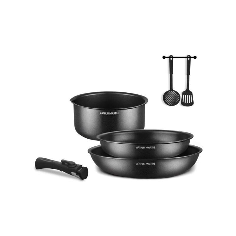 Arthur Martin - Batterie de cuisine - Tous feux dont induction AM9582 - Aluminium - Anti-adhésif - 6 pieces - Poignée amovib
