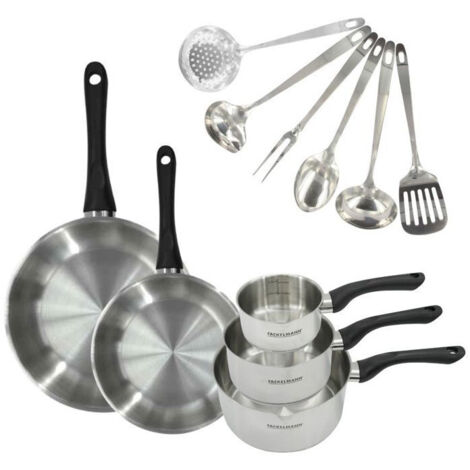 Batterie de cuisine - Tous feux dont induction - FACKELMANN - Geneva - Inox - 2 poeles 24 et 28, 3 casseroles et 6 ustensiles