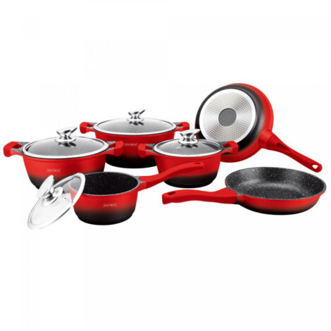 Batterie de cuisson complète effet marbre - 13 pièces - Tous feux - Rouge et noir - Livraison gratuite