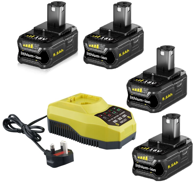 Batterie de rechange 5,5 Ah pour Ryobi 18 v et chargeur P117, compatible avec les batteries Ryobi 18 v One+ RB18L25, RB18L50, P108, P107, P104, P780