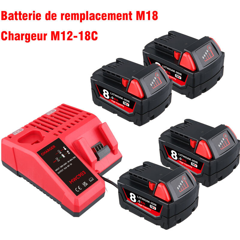 Pdstation - Batterie de rechange Milwaukee M18 4×8.0ah et chargeur combinés, compatibles avec les outils électriques sans fil Milwaukee M18, batterie