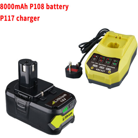 Batterie de rechange Ryobi 18 V P108 P102 8,0 Ah et chargeur P117, compatibles avec les outils sans fil Ryobi 18 V P103 P104 P105 P107 P109 P190 P191 P122