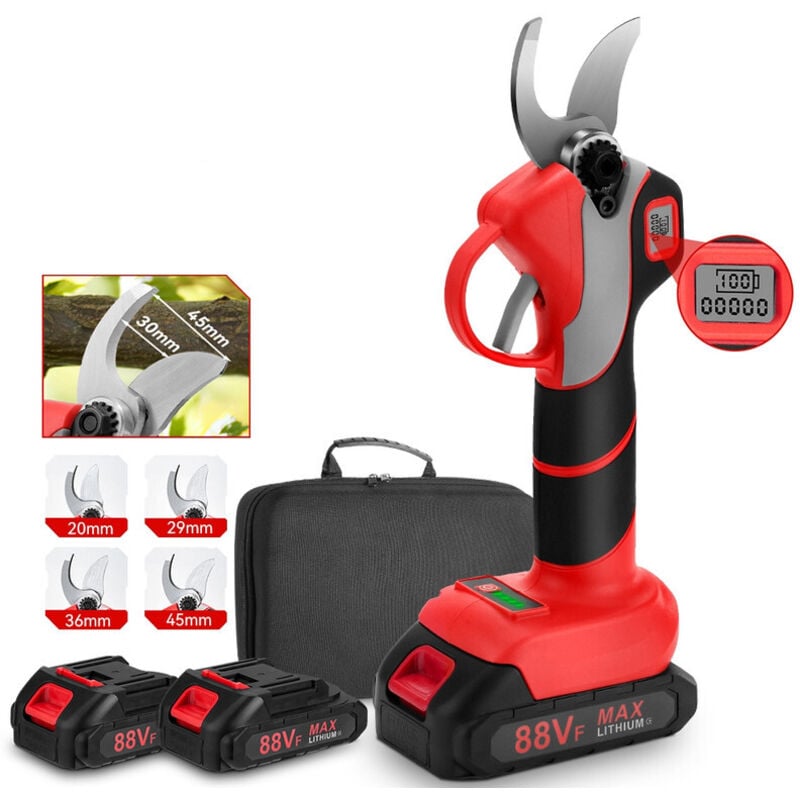 Sécateur electrique sans fil 88VF 30mm,4 vitesse,avec affichage numérique de verdissement de jardin arbres fruitiers Sécateur -Avec 2 batteries et 1