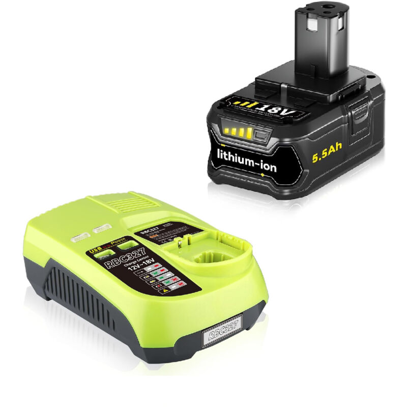 Batterie de remplacement 5,5 Ah pour Ryobi 18 v avec chargeur P117B, compatible avec les batteries Ryobi 18 v P102, P103, P104, P105, P107, P108,