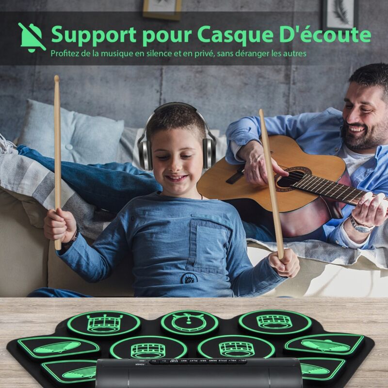 Maisonchic - Batterie Electronique Portable 9 Pads Fonction midi 2 Haut-parleurs Stéréo 2 Pédales 2 Baguettes 7 Tythmes et 4 Morceaux CW6791 design in