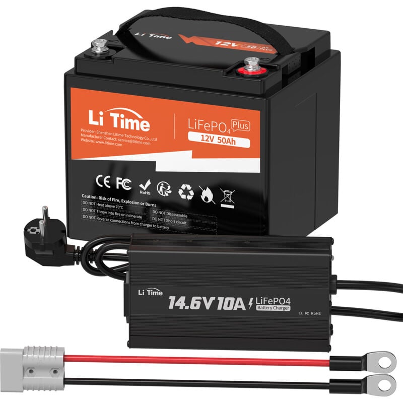 Batterie Lithium 12V 50Ah LiFePO4 & 12V 10A Lithium Chargeur de batterie (Expédition en Deux Colis) - Litime