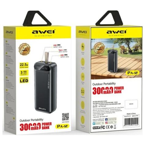 Batterie externe AWEI 30 000 mAh 22,5 W Noir