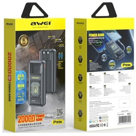 Batterie externe AWEI P99K 20 000 mAh 22,5 W Noir
