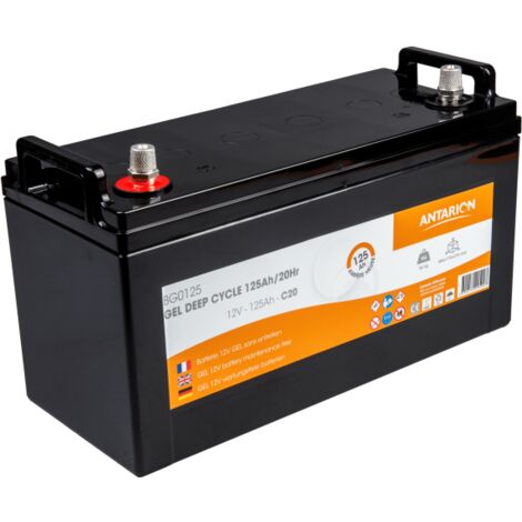 Batterie Gel 125Ah Deep Cycle – Technologie GEL – Autodécharge < 3%/mois – 1000 cycles – Bornes en cuivre type automobile – Antarion