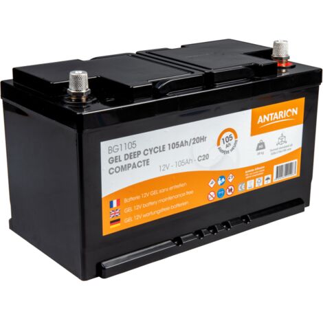 Batterie Gel Deep Cycle 105Ah – Technologie GEL – Autodécharge < 3%/mois – Dimensions 335x170x195mm – Pour applications stables – Antarion