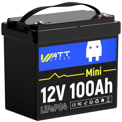 WATTCYCLE Batterie LiFePO4 12V 100Ah Mini batterie LiFePO4 avec cellule LiFePO4 de qualité A, protection de coupure basse température, batterie au lithium 12 V BMS 100 A intégrée, jusqu'à 15000 cycles profonds