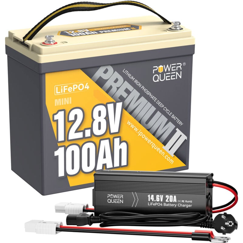 Batterie lithium 12V100Ah 1280Wh Mini LiFePO4+14,6V 20A Chargeur de Batterie au Lithium Power Queen(Expédition en Deux Colis)
