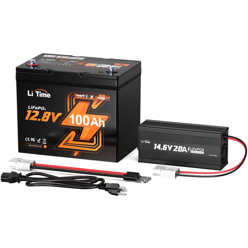 12V 100Ah Groupe 24 Bluetooth LiFePO4 Batterie au Lithium&12V 20A Lithium Chargeur de Batterie(Expédition en Deux Colis) - Litime