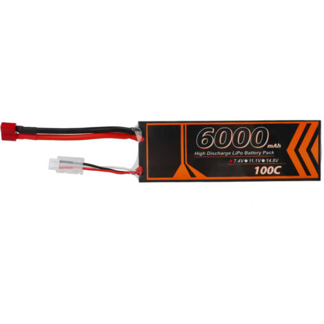 Batterie Lipo 6000mAh 7.4V 2S 100C avec Connecteur Rouge en T pour Hélicoptère et Voiture RC