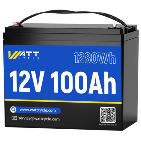 WattCycle Batterie Lithium LiFePO4 12V 100Ah, 100A BMS, 1280Wh, 5000-15000 Cycles, Coupure Basse Température, Idéale pour Système Solaire, Camping-Car, Caravane, Bateau, Stockage d'Énergie Domestique