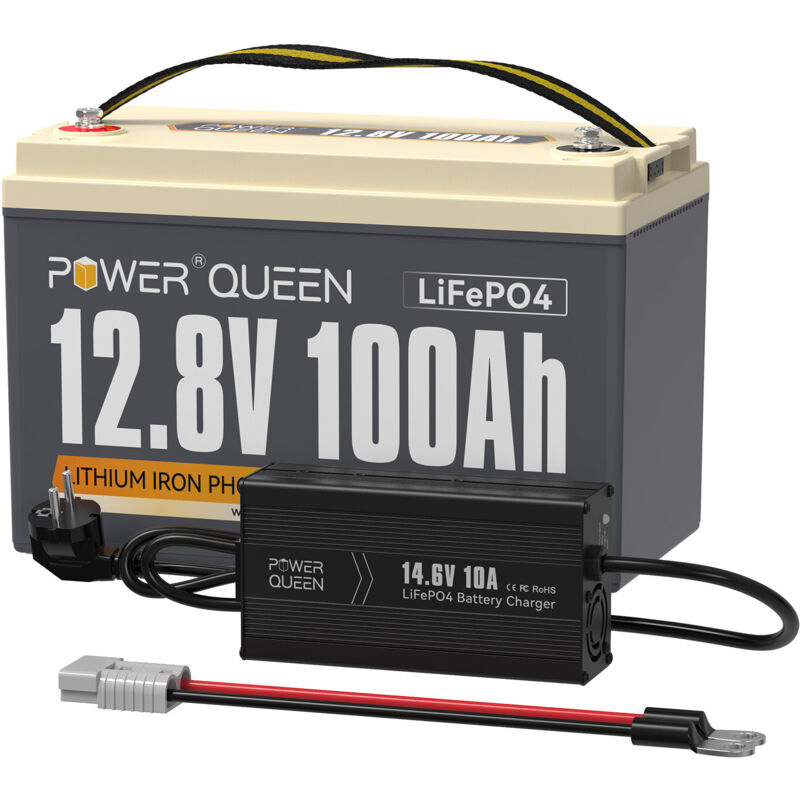 Power Queen - Batterie Lithium LiFePO4 Rechargeable 12V 100Ah & 14,6V 10A Chargeur de Batterie au Lithium (Expédition en Deux Colis)