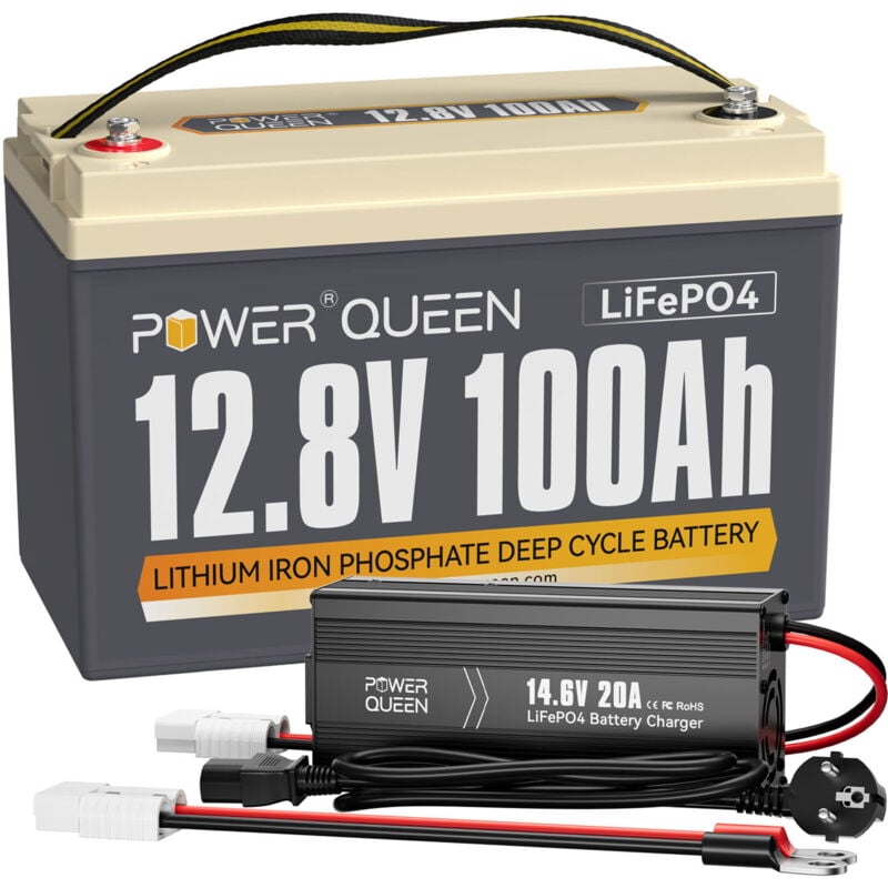 Batterie Lithium 12V100Ah 1280Wh Rechargeable LiFePO4+14,6V 20A Chargeur de Batterie au Lithium Power Queen Expédition en Deux Colis)