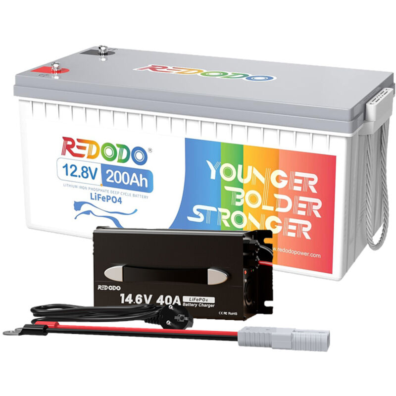 Batterie au lithium 12V 200Ah rechargeable LiFePO4+14,6V40A Chargeur de batterie LiFePO4 pour batterie lithium 12V Redodo