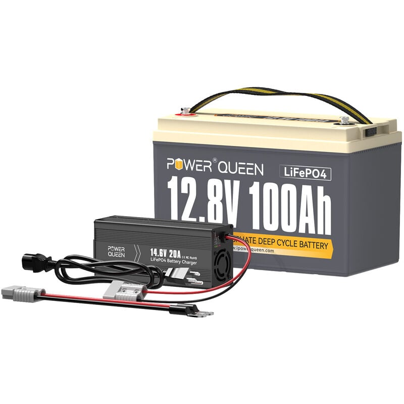 Power Queen - Batterie Lithium LiFePO4 Rechargeable 12V 100Ah & 14,6V 20A Chargeur de Batterie au Lithium (Expédition en Deux Colis)