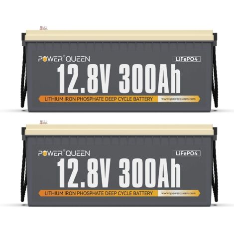 Batterie Lithium 12V300Ah 3840Wh Rechargeable LiFePO4 Power Queen, BMS 200A, 4000-15000 Cycles, pour solaire, Hors réseau, stockage de l'énergie domestique, Camping Car, Caravane, Bateau-2 Pièce