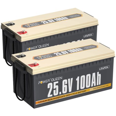 Batterie Lithium 24V100Ah 2560Wh Rechargeable LiFePO4 Power Queen, BMS 100A, 4000-15000 Cycles, pour solaire, Hors réseau, stockage de l'énergie domestique, Camping Car, Caravane, Bateau-2 Pièce