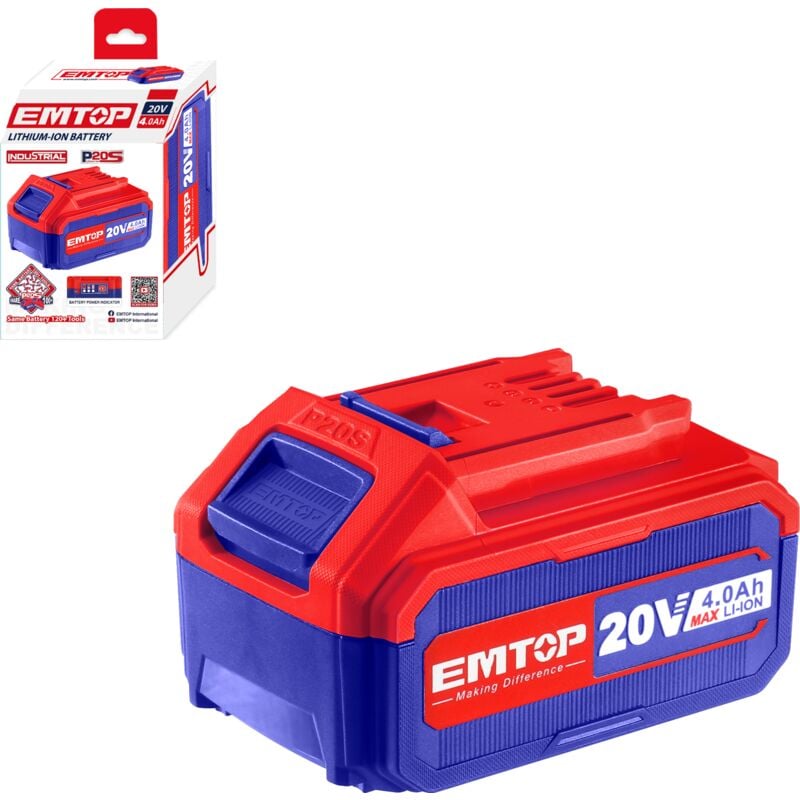 Batterie lithium-ion Emtop 20v de puissance 4.0ah compatible avec multi outils p20s - Rouge et bleu