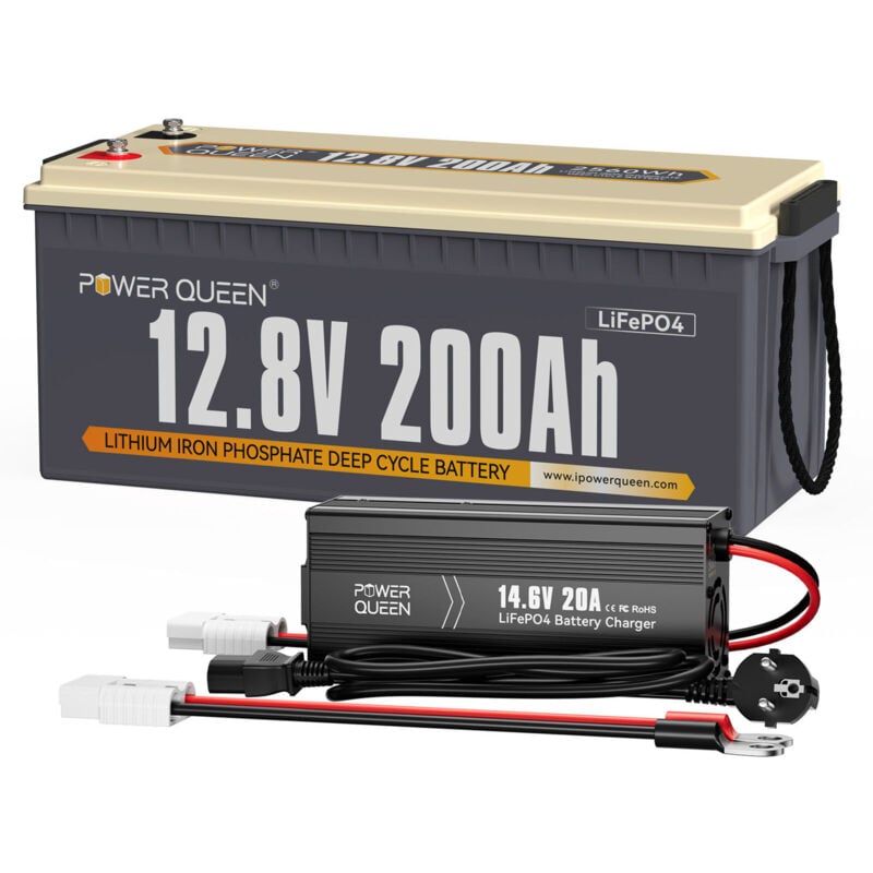 Power Queen 12V200Ah Batterie Lithium 2560Wh Rechargeable LiFePO4+14,6V 20A Chargeur de Batterie au Lithium(Expédition en Deux Colis)