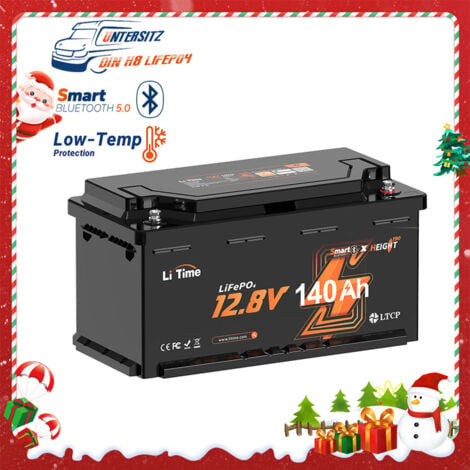 12V140Ah Batterie Lithium LiFePO4 Bluetooth pour Camping-car, RV, Caravane LiTime, Hauteur 190mm, Protection contre le froid, batterie solaire s'insère sous la Plupart des sièges de Camping-car