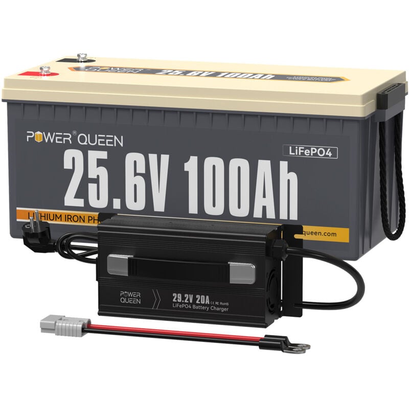 Batterie Lithium 24V100Ah 2560Wh Rechargeable LiFePO4+29,2V 20A Chargeur de Batterie au Lithium Power Queen Expédition en Deux Colis)