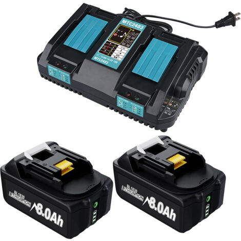 Batterie lithium longue durée 18 V 8 Ah et chargeur rapide pour outils et batteries Makita 18 V. Chargeur double port 18 V DC18RD compatible avec Makita BL1860B, BL1850B, BL1840B, BL1830B, DC18RC.