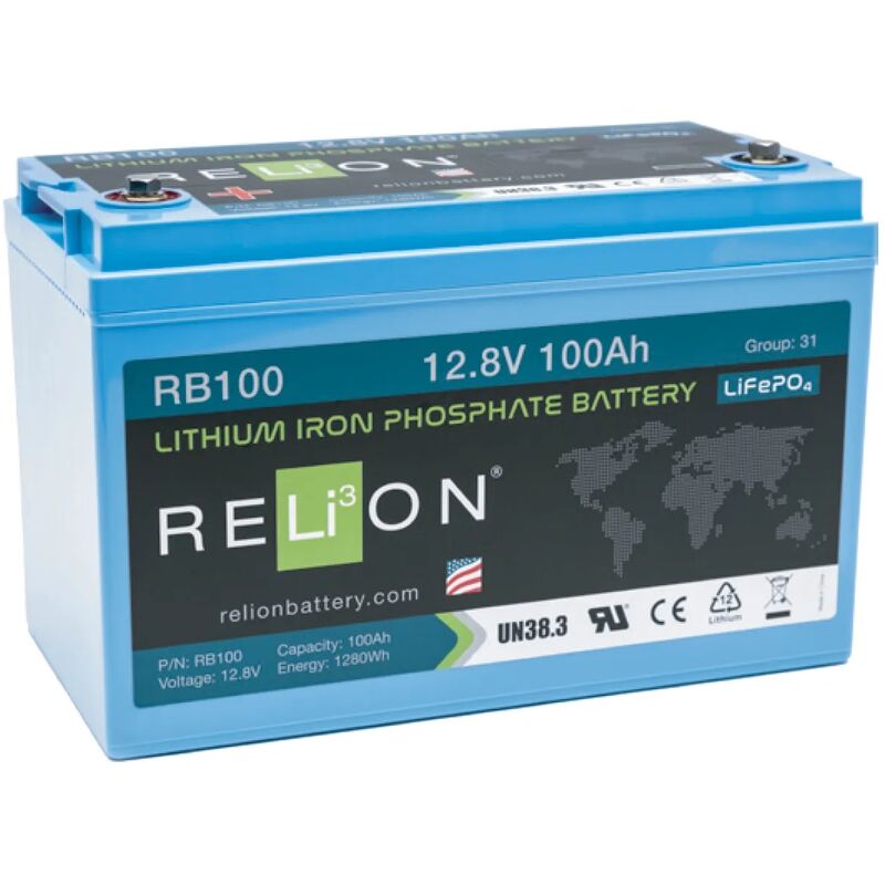 Relion Batterie Litio 12V 1280Wh 100Ah 4Sc Lifepo4 de Cycle Profond - 329 X 172 X 214Mm