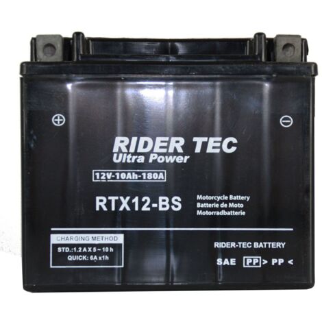 Batterie moto AGM 12V 10Ah 180A – Sans entretien – Compatible YTX12-BS – Performance fiable pour motos et scooters – Rider Tec - Rtx12-bs
