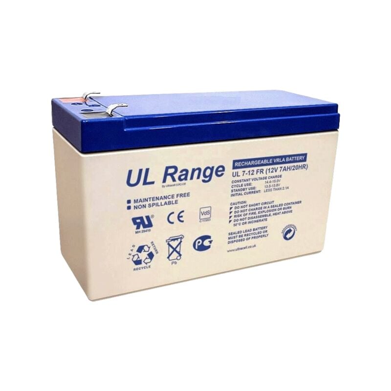Batterie rechargeable Plomb/VRLA 12V/7.2Ah Ultracell Gamme ul, sortie pour cosses faston 6,35mm