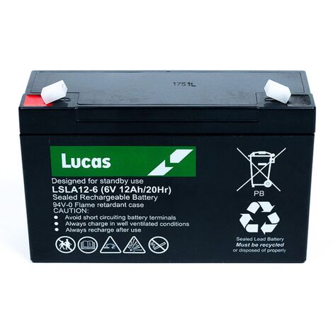 Batterie plomb étanche stationnaire LSLA126 – Technologie VRLA AGM – Tension 6V – Capacité 12Ah – Dimensions 151x50x98mm – Lucas