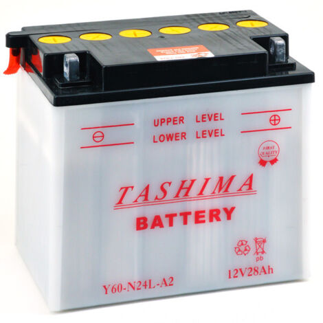 Batterie Plomb Tashima Y60n24la Renforcée 12v, 28a. L: 184, L: 124, H:168mm, + à Droite Pour Motoneige. (livrée Avec Acide Sépar