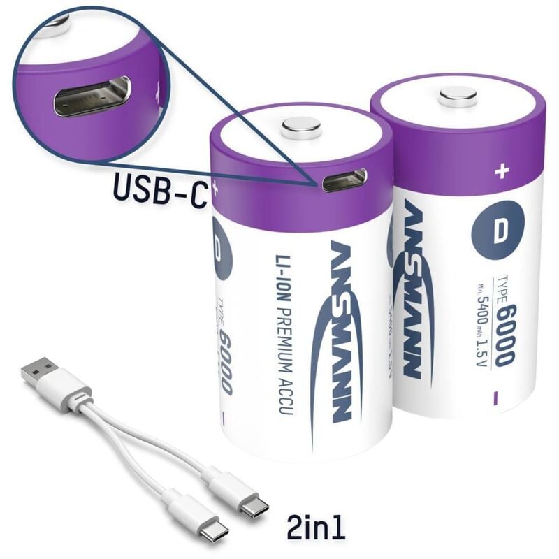 Ansmann - LR20 usb-c Pile rechargeable LR20 (d) Li-Ion 6000 mAh 1.5 v 2 pc(s)