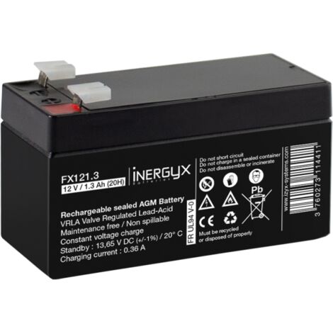 Batterie rechargeable VRLA 12V / 1,3 Ah - Bac FR UL94 V-0 - 97 x 43 x 51/57 mm